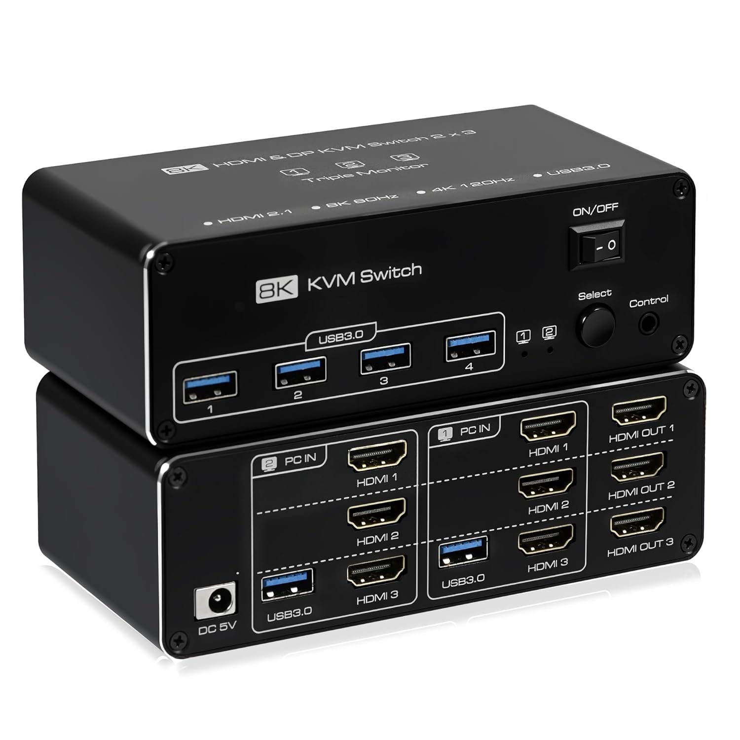 4K@120Hz HDMI KVM Switch 3 Monitors 2 Computer, 8K@60Hz Dual Mode KVM Switcher Displayport with 4 USB 3.0 Ports & Wired Remote Control for Sharing Keyboard Mouse Hard Drives Printer, Plug and Play