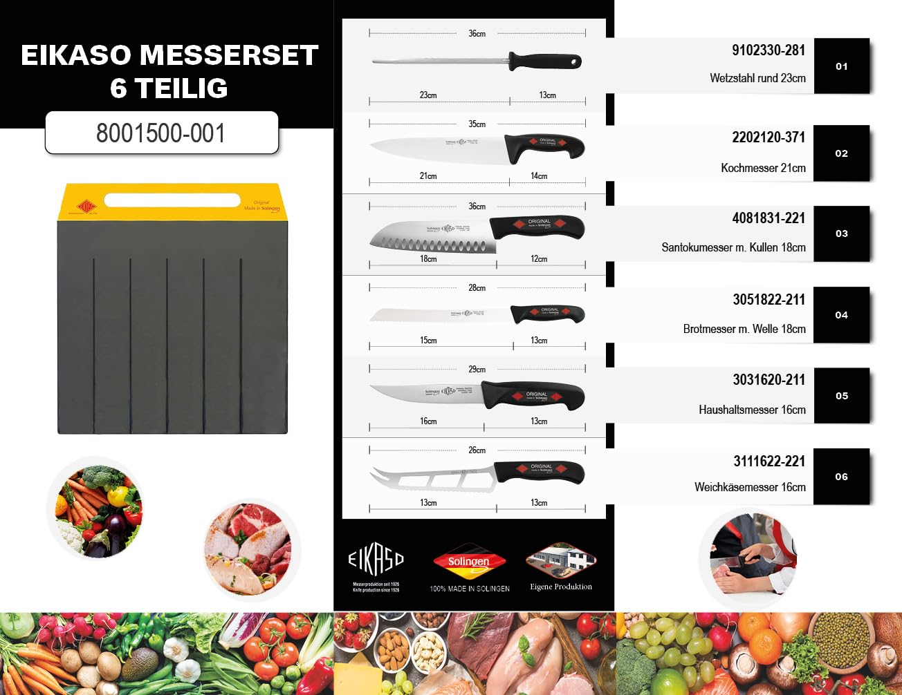 EIKASO Solingen Germany Küchenmesser Set 6-Teilig Kochmesser Set Santokumesser Brotmesser aus Molybdänstahl 1.4116 für Profis und Privat
