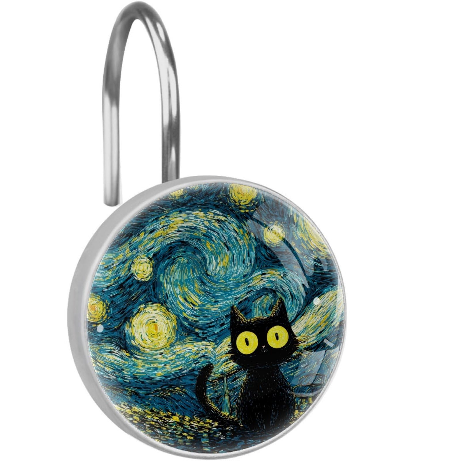 VAPOKF Decorative Shower Curtain Hooks, Cat Starry Sky Rustproof Stainless Steel Shower Curtain Rings for Bathroom, Shower Curtain Hangers for Shower Rod, 12 Pack