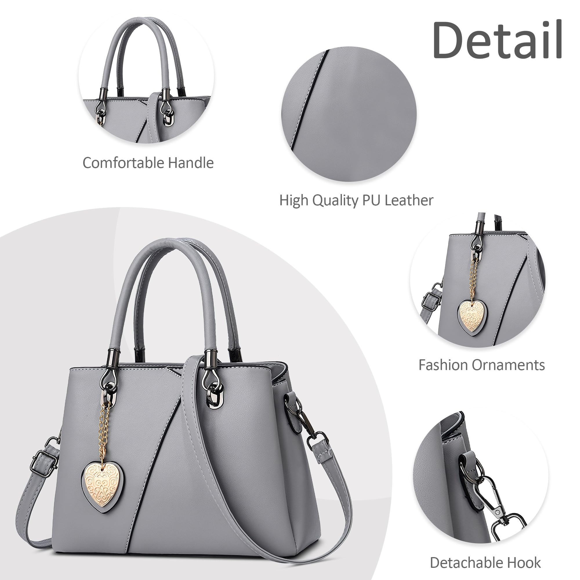 Élégant Sac à Main Femmes Medium PU Cuir Sac à Poignée Sac à Bandoulière avec Mode Pendentif Sac Fourre D'épaule pour Voyage Travail Achats Quotidien Date Femme Sac à Messager Gris