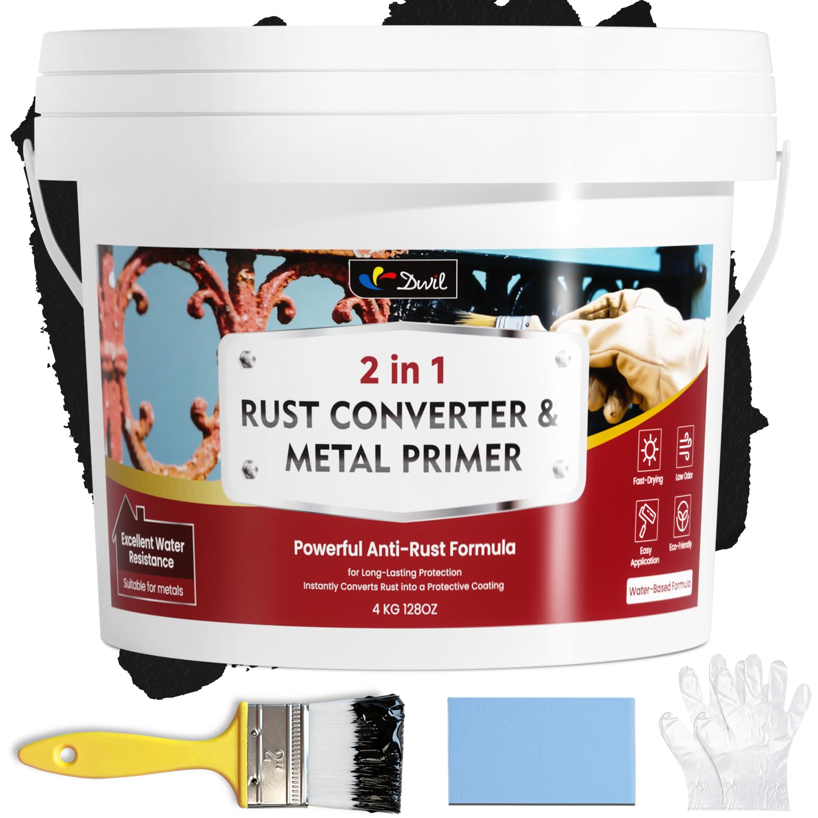 DWIL Rust Converter for Metal, 2 in 1 High-Flow Fluidity Rust Converter Paint, Converts Rust to Long-Lasting Protective Coating, Anti Rust and Rust Prevention Paint, No Primer Needed, Black, 1 Gal