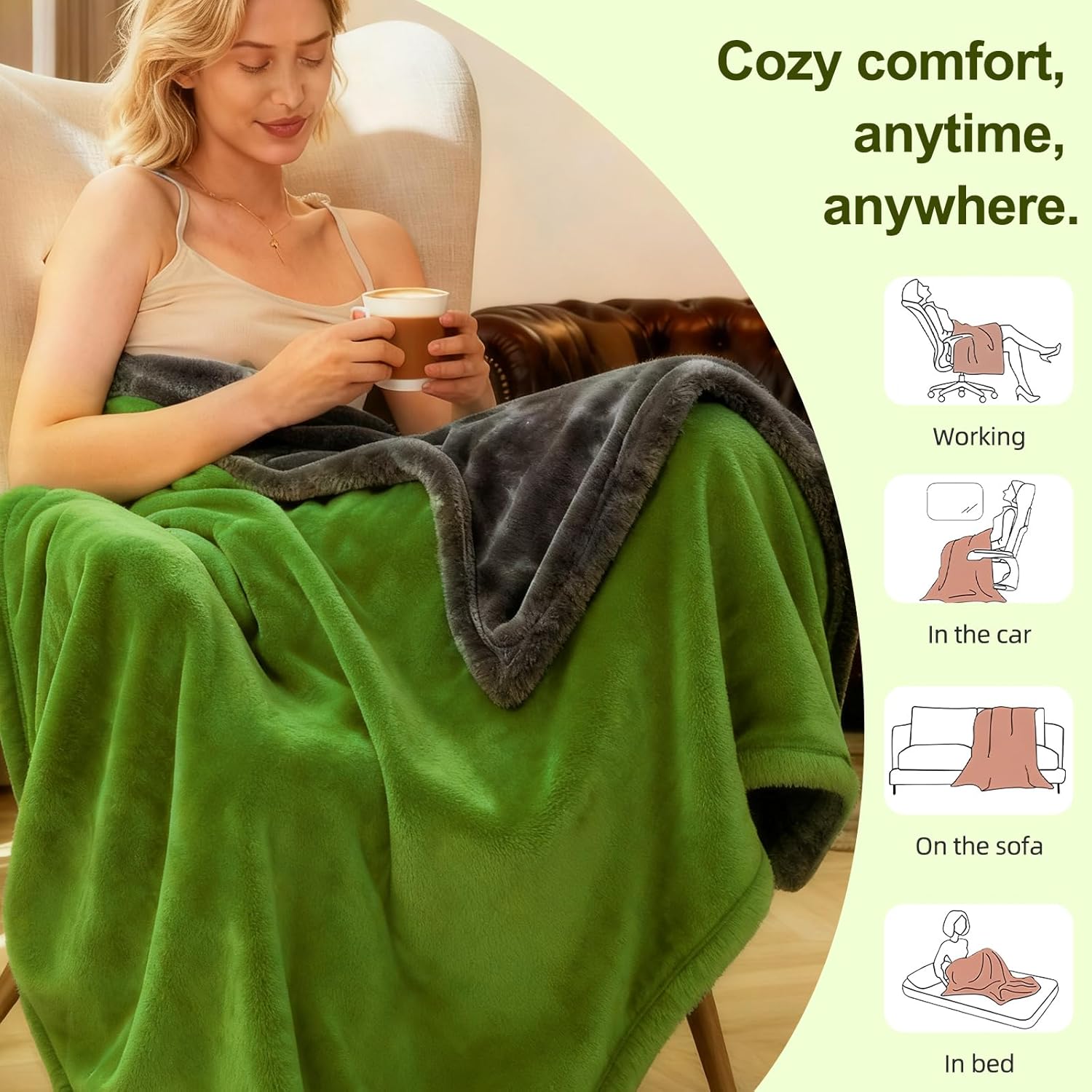 Electric Heated Blanket Throw 50" x 60" Soft Dual-Sided Flannel Fast Heating 12 Heat Levels 1–12H Timer & Overheat Protection & Auto Shut-Off & Machine Washable (Lime Green & Gray) - Image 5