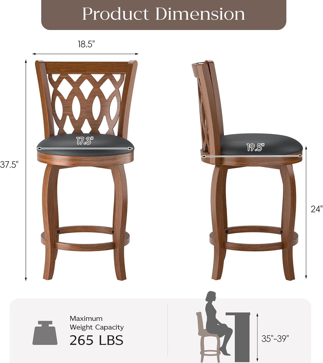 Betterhood Swivel Bar Stools Set of 2, 24 inch Counter Height Farmhouse Barstools with Faux Leather Upholstered Seat and Wooden Footrest, High Back Bar Chairs for Kitchen Island & Pub, Expresso