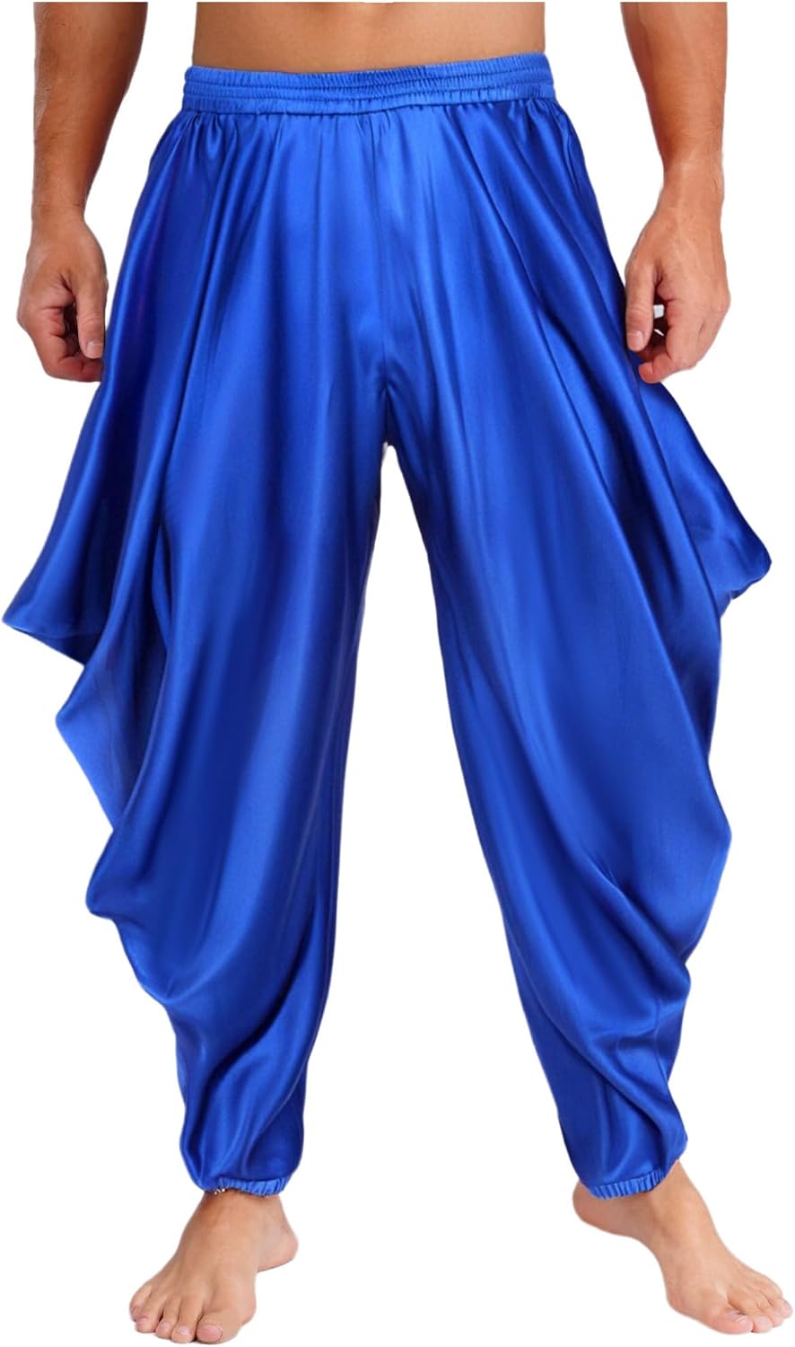 Hularka Men's Arabian Prince Harem Pants Silky Satin Elastic Waistband Ruched Lantern Pants