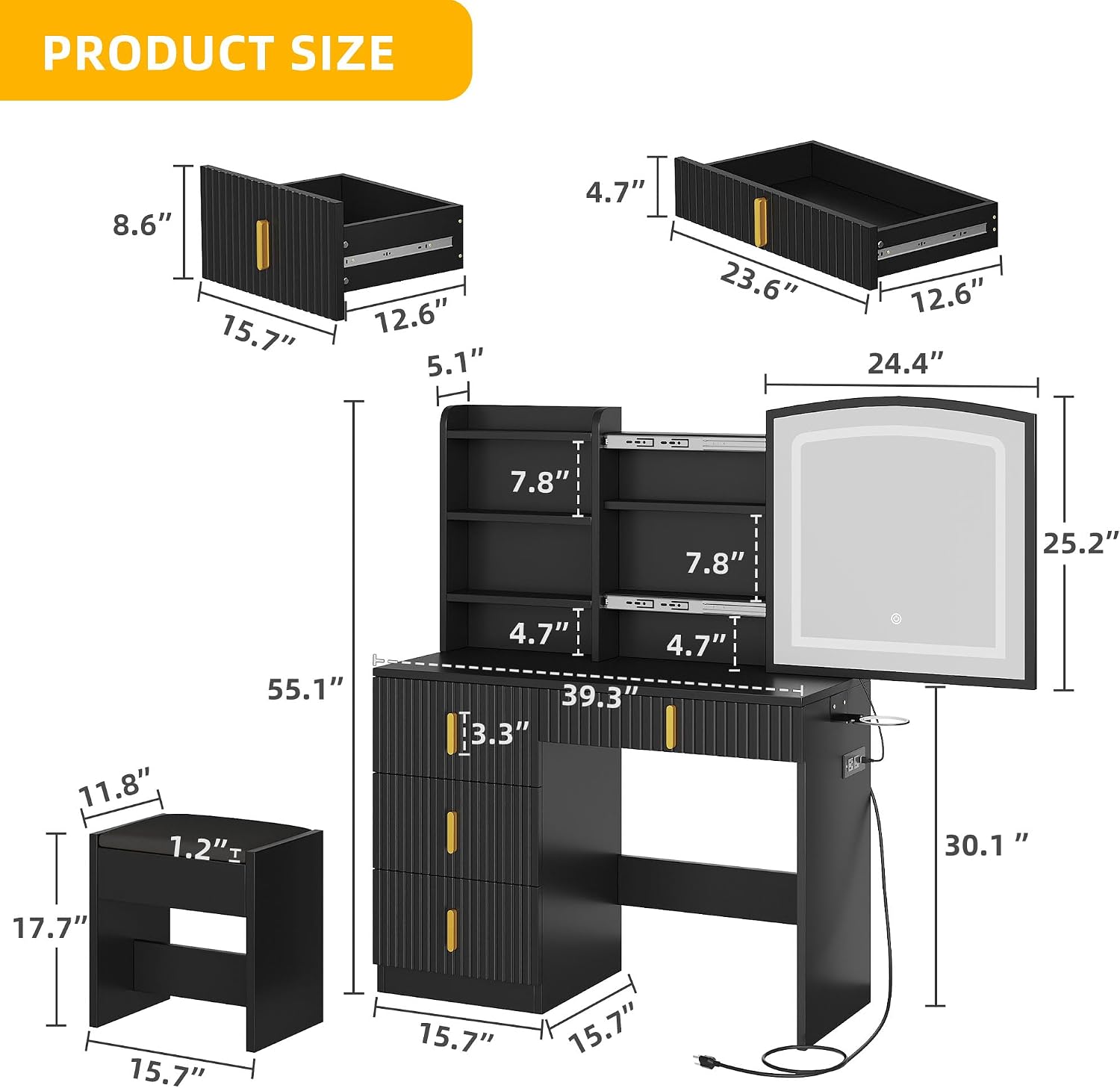 YITAHOME Vanity Desk with Mirror & Power Outlet, Fluted Vanity Table Set with Hidden Jewelry Storage, Big Makeup Desk with 4 Drawers, Dressing Table with Cushion Stool, 3 Lighting Color Modes, Black
