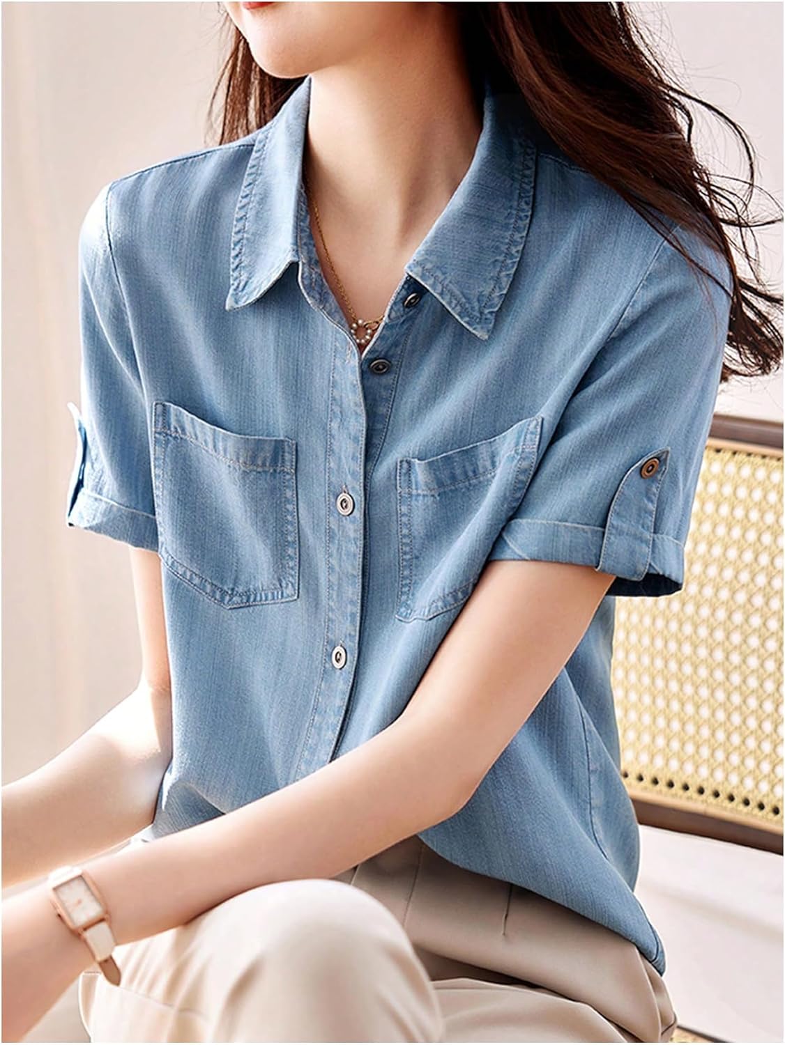SOLY HUX Women's Button Down Denim Blouse Short Sleeve Shirts Summer Jean Tops with Pocket - Image 2