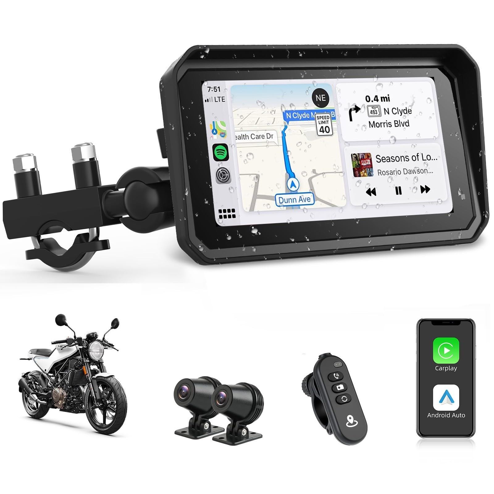 Écran Moto CarPlay/Android Auto 7 Pouces étanche IP67 - GPS, Bluetooth Double, Tactile - 9