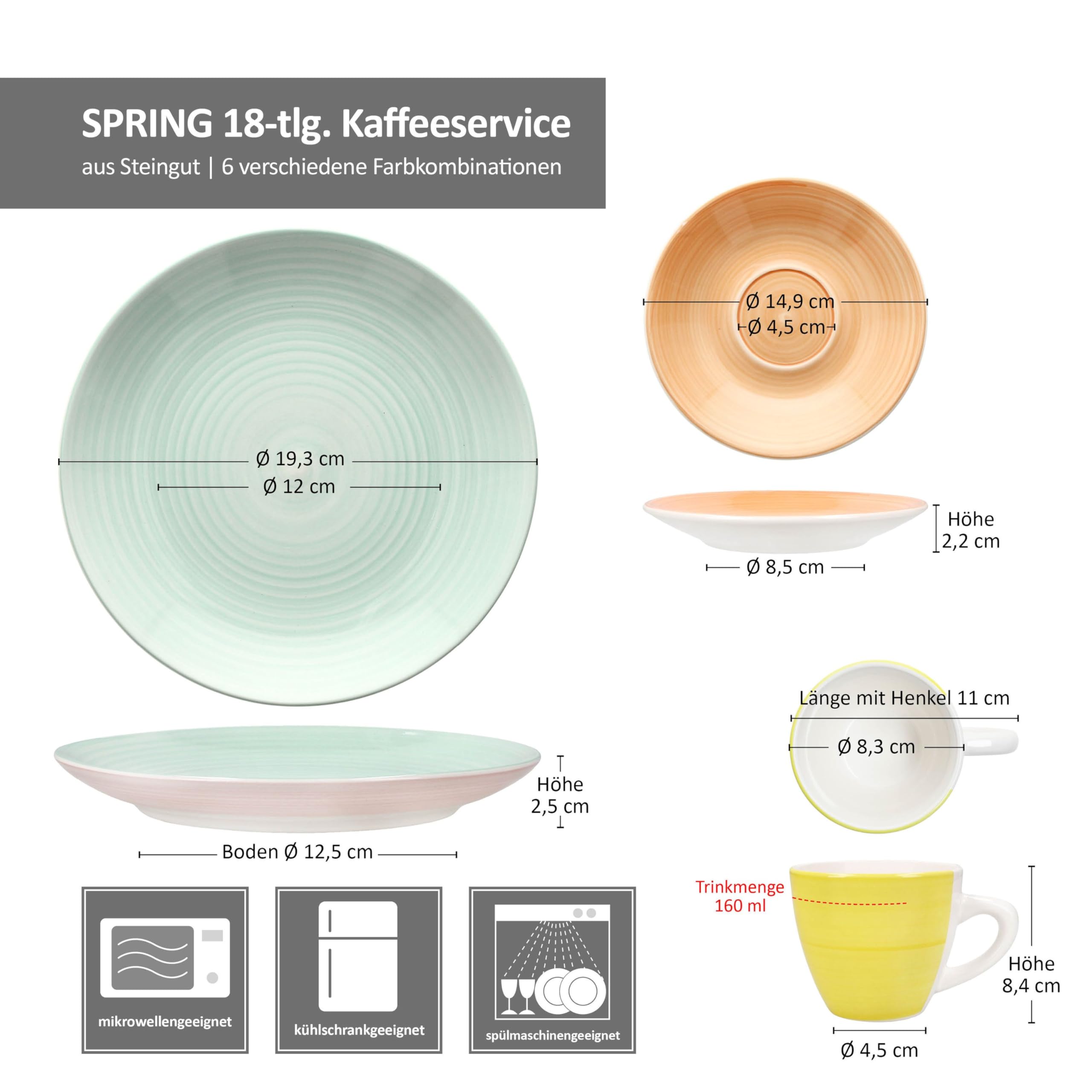 MamboCat Spring 18tlg Kaffeeservice I Steingut Geschirr Set I je 6X Bunte Kuchenteller, Untertassen & Tassen 160ml I Gelb, Orange, Rosa, Lila, Mint & Blau I Kaffee & Kuchen