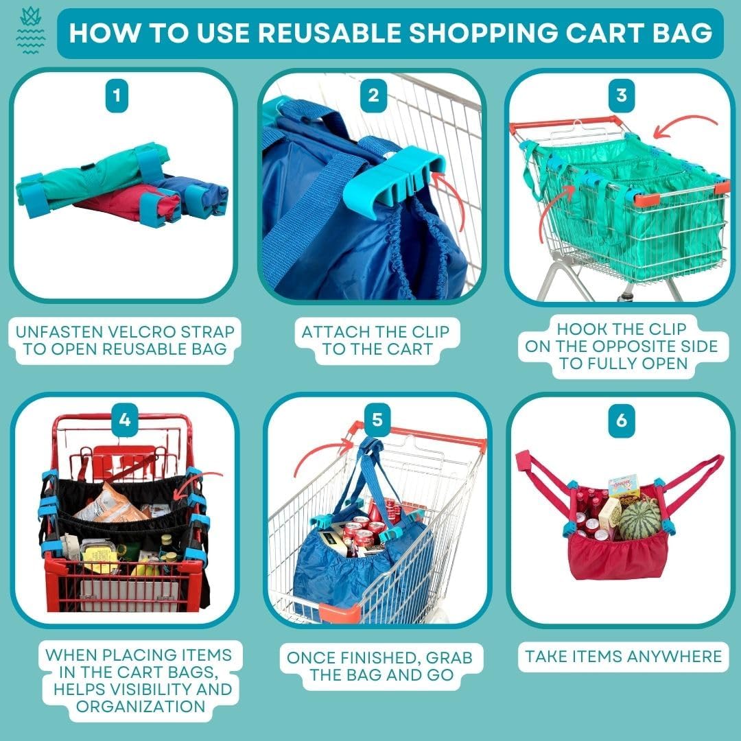 Handy Sandy Cart Caddy – 3-Pack Reusable Shopping Bags with Cart Clips | Heavy-Duty Grocery Organizer Tote Set | Eco-Friendly, Foldable, 40 lb Capacity | Blue