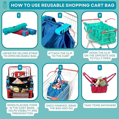 Miniatura 4 de Handy Sandy Cart Caddy – Juego de 3 bolsas de la compra reutilizables con clips para carrito Juego de bolsas organizadoras de comestibles Rojo