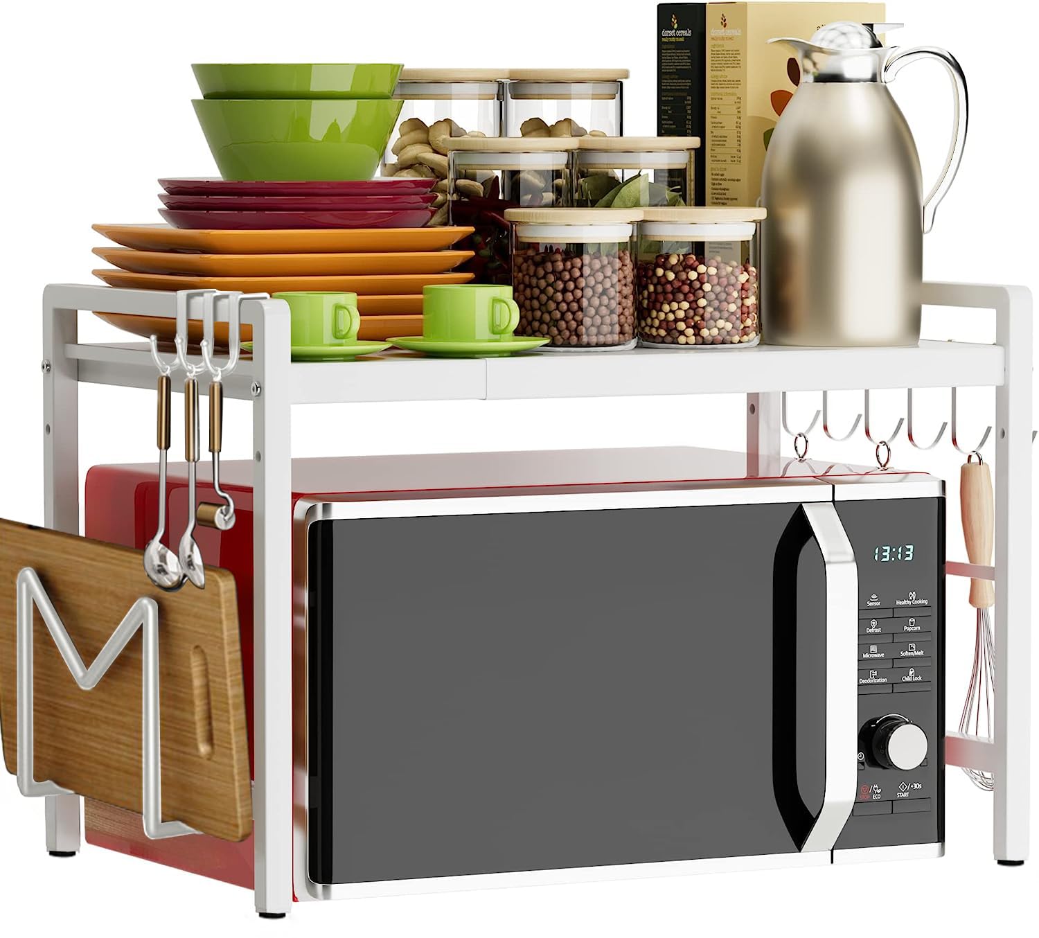 devesanter Estantería extensible para microondas de 2 niveles con 6 ganchos, organizador de cocina, para encimera, extensible de 40 a 64 cm, color blanco