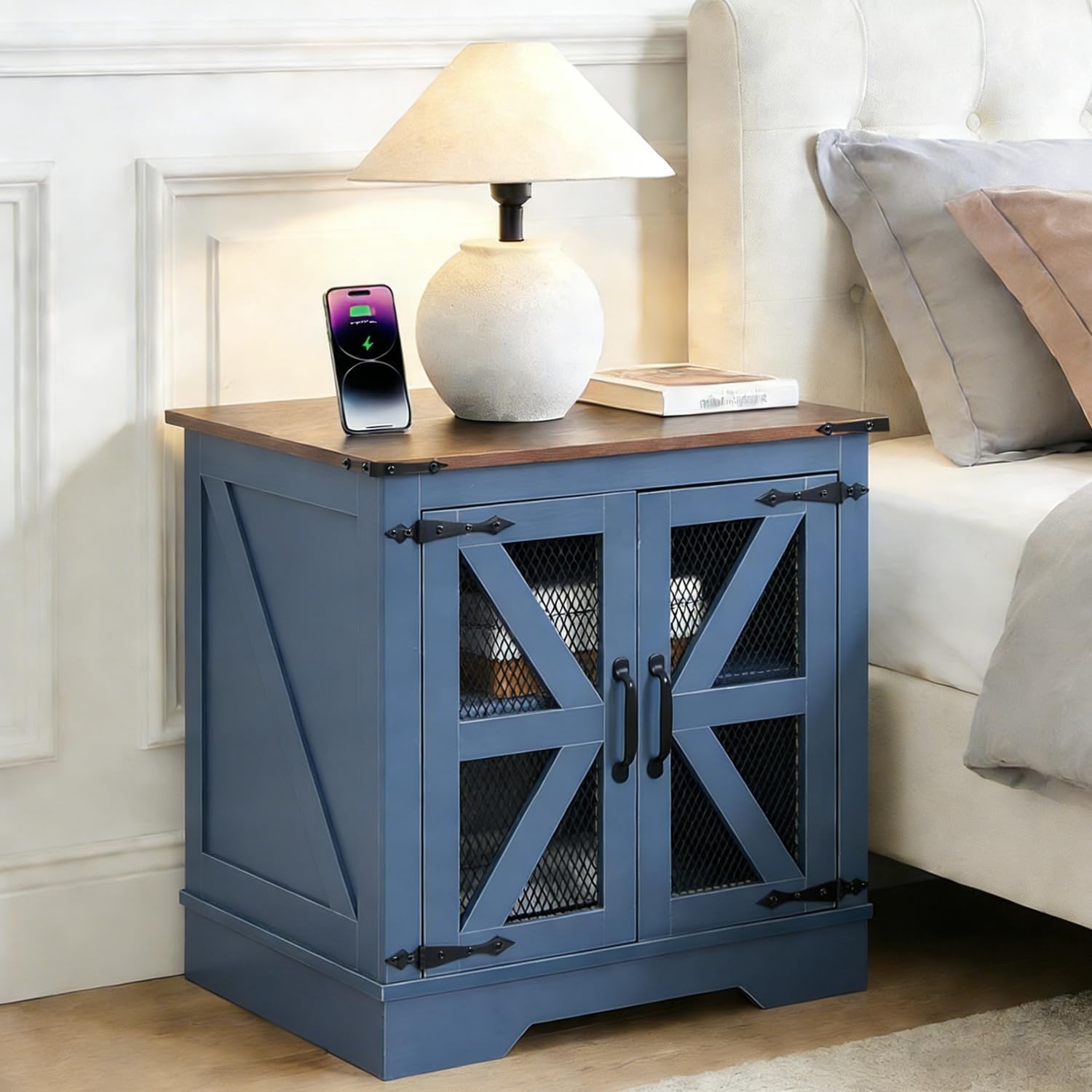 Farmhouse Nightstand with Charging Station, Side Table with Barn Door and Storage, Rustic Wood Bedside Table, End Table for Living Room and Bedroom, White(Brown Top)