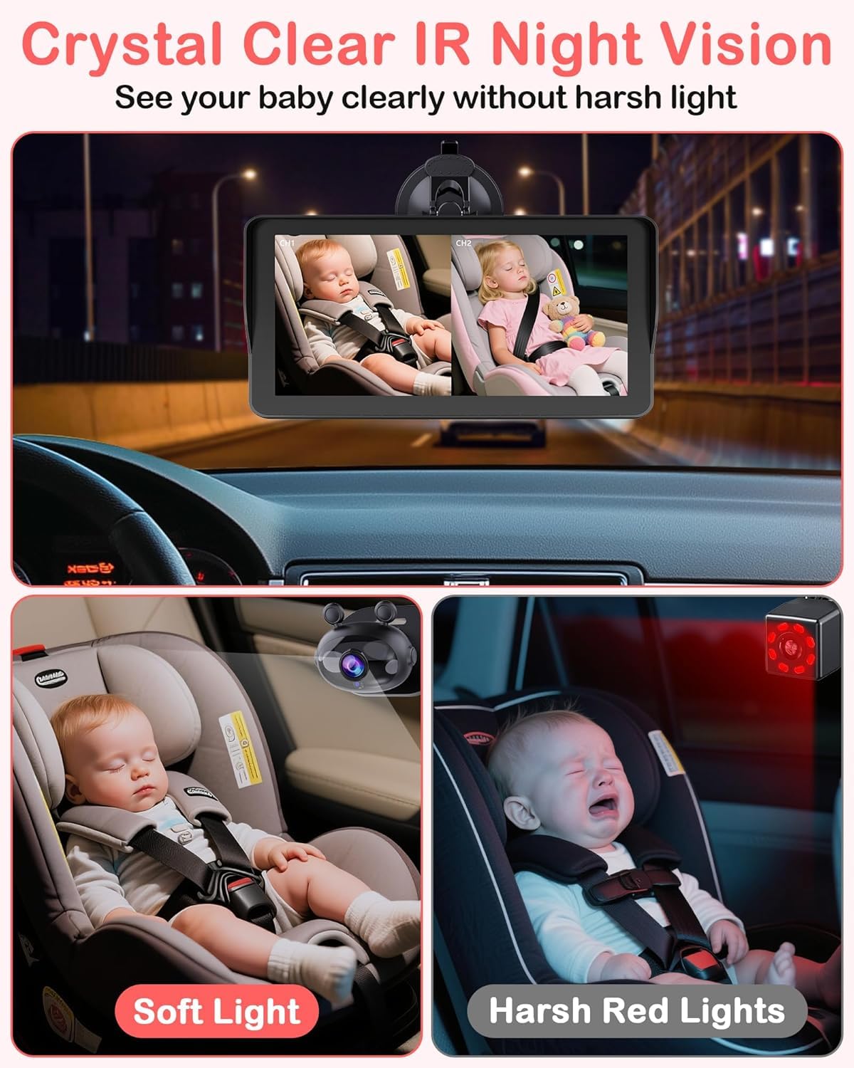 Wkzay Cámara dual HD 1080P para coche de bebé para 2 niños: pantalla dividida de 6.9 pulgadas con 2 cámaras de visión nocturna para asiento de coche - USB de 5 minutos fácil de instalar 360° ajustable
