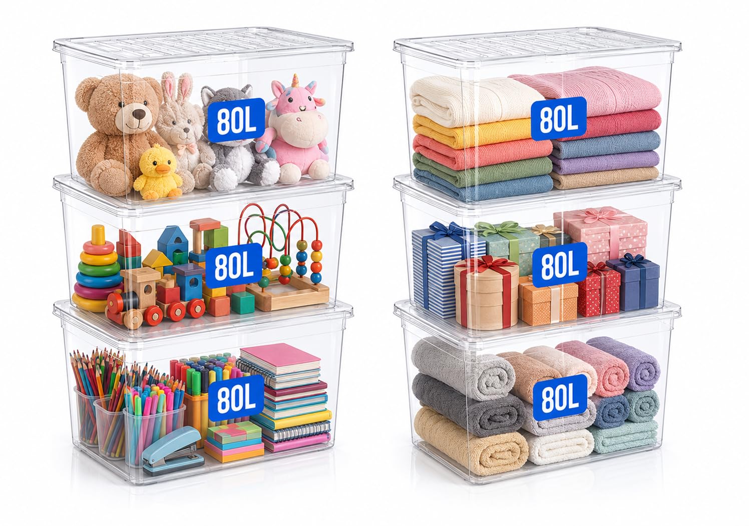 Kapco Clear Lid 6 X 80L Plastic Storage Boxes With S | 57 X 40 X 40Cm Large, Stackable, Durable Containers | Heavy Duty Strong Tubs For Home, Garage, Office, Multipurpose And Moving (Clear Lid)