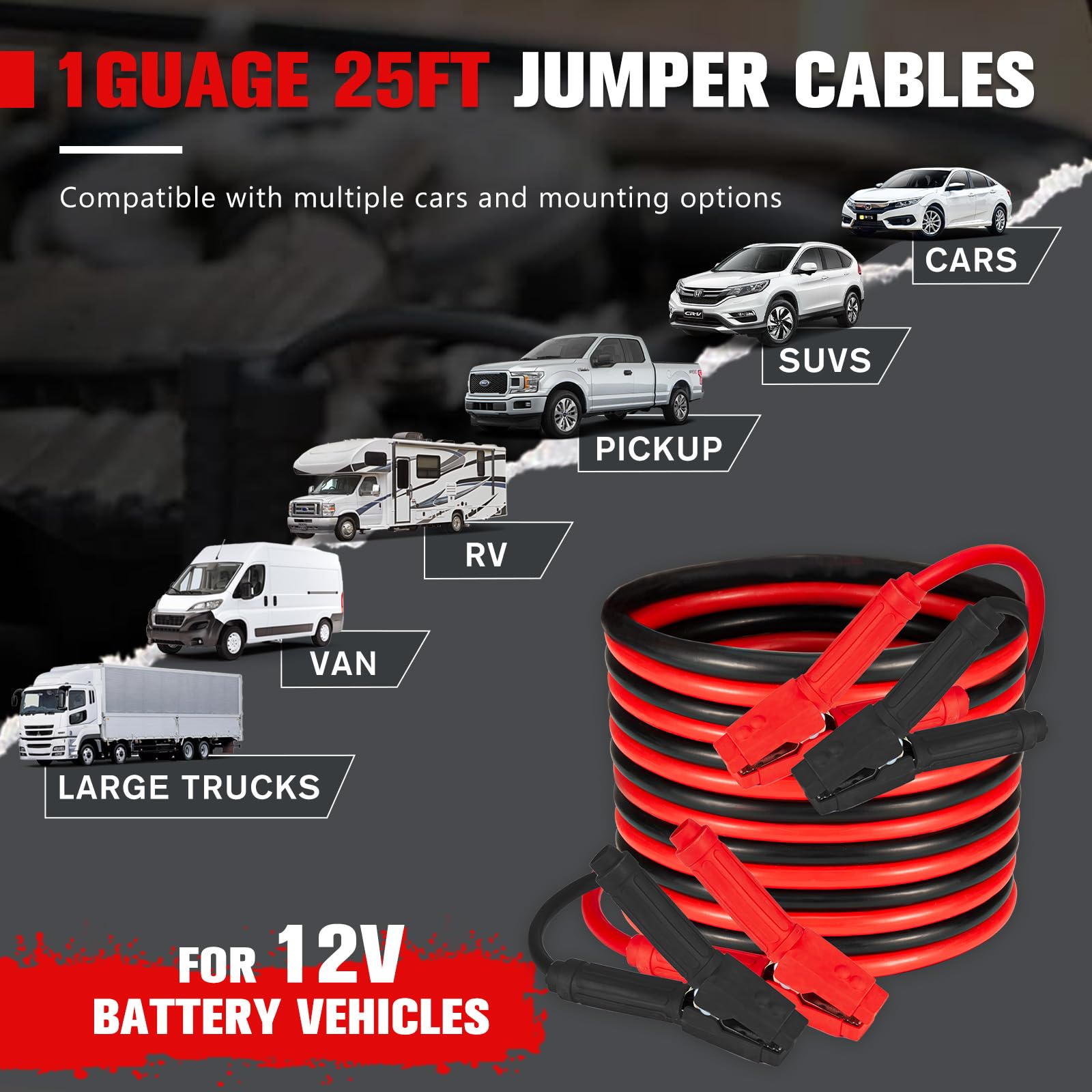 FIERYRED Câbles de démarrage à connexion rapide de calibre 1 7,6 m, câbles de démarrage robustes 1000 A avec sac de voyage, câble de démarrage de batterie pour camion, camions diesel, SUV et voiture