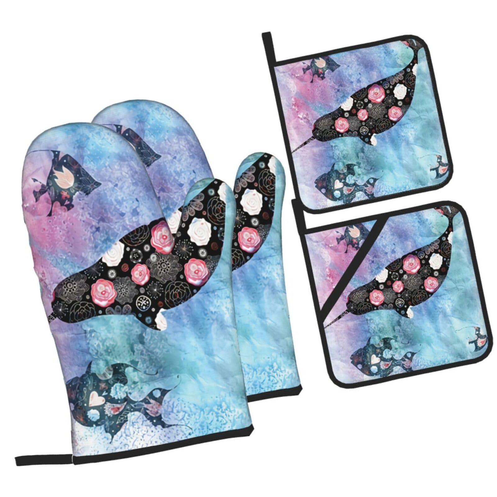 Whale Printed Oven Mitts and Pot Holders Heat Resistant Set of 4 Pcs, Modern Kitchen Gloves & Potholders for Cooking Baking Grilling