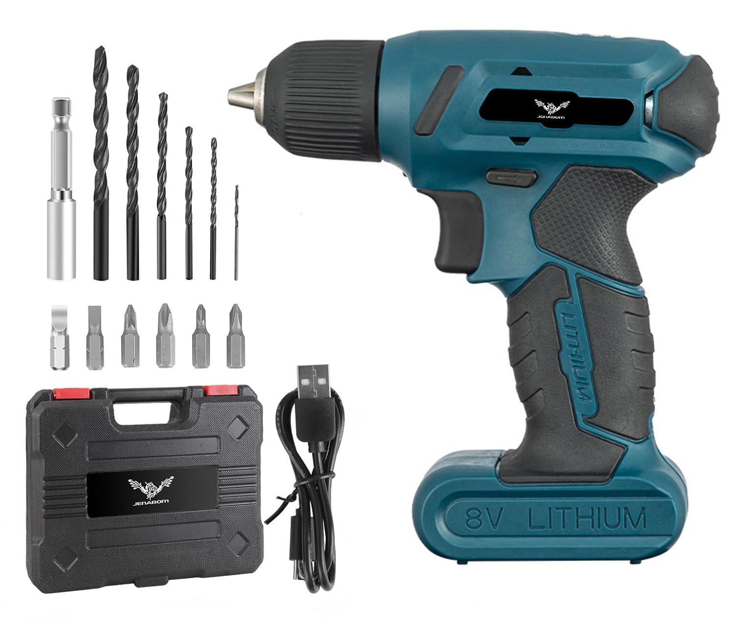 JENABOM8V Cordless Drill, 13 in 1 Power Drills Cordless Electric Screwdriver Set with LED Worklight, Powerful Lithium Ion Mini Combi Drill Dirver Set with Carrying Case