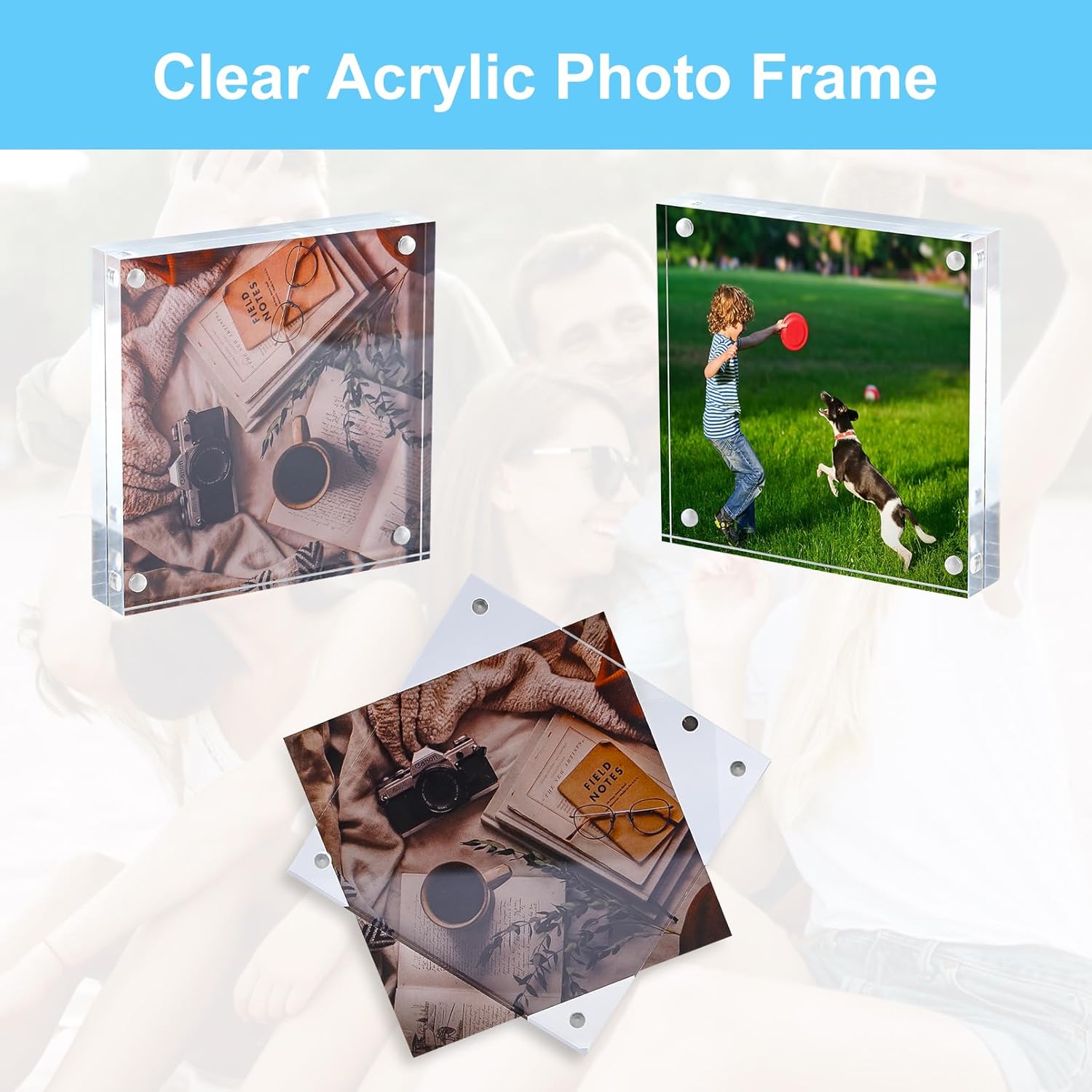 Jeffbaubl 12 Pcs Acrylic Picture Frames,Double Sided Magnetic Photo Frame,10+10MM Thick Clear Frameless Desktop Display for Bedroom Living Room Home Office Wedding,4 x 4 Acrylic Frame