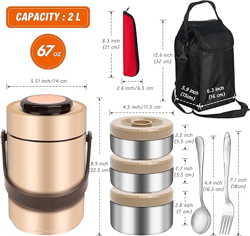 Miniatura 6 de Termo para comida caliente, tarro apilable de 3 niveles y 67 onzas, lonchera aislada a prueba de fugas con bolsa y cuchara tenedor, contenedor de