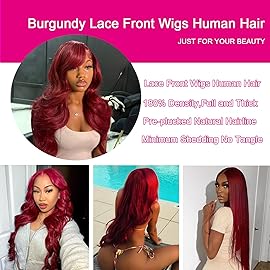 QZOQZO 99J Burgundy Lace Front Wigs Human Hair 13x6 HD Transparent Body Wave Lace Front Wigs Pre Plucked 99j Burgundy Red Wine Glueless Human Hair Wigs for Women Reddish Brown 180% Density 34 Inch