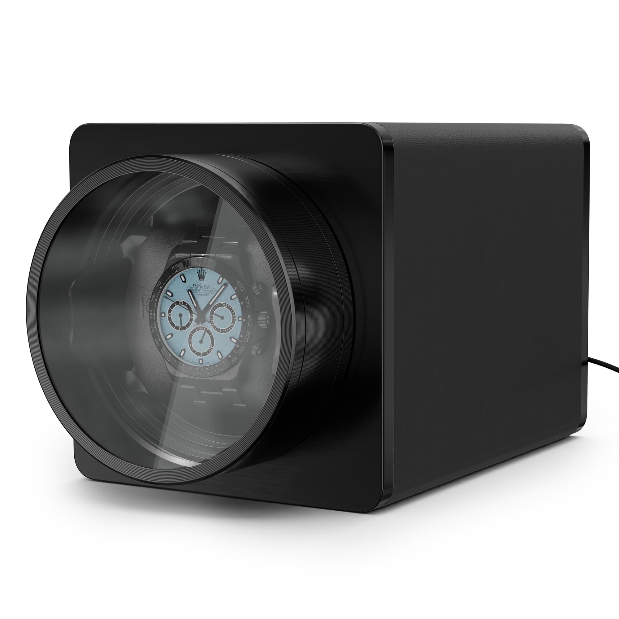 KLARSTEIN TimeSync Watch Winder - Silent Japanese Mabuchi Motor, Vegan Leather & Tempered Glass, 5 TPD, Battery/AC Powered, Single Watch Turner, Low Noise - Ideal for Bedrooms & Offices