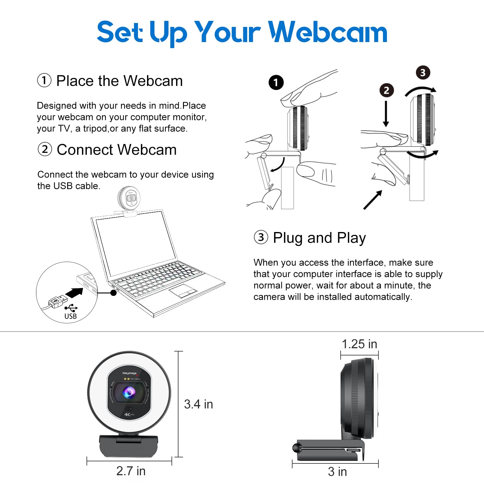 Webcam 4K con anello luminoso Web Cam 4K autofocus con TOF Computer Camera 1080P 60FPS Web Camera Copertura privacy integrata e microfono Streaming Webcam per Switch 2/Zoom/Skype/Google Meet Nero