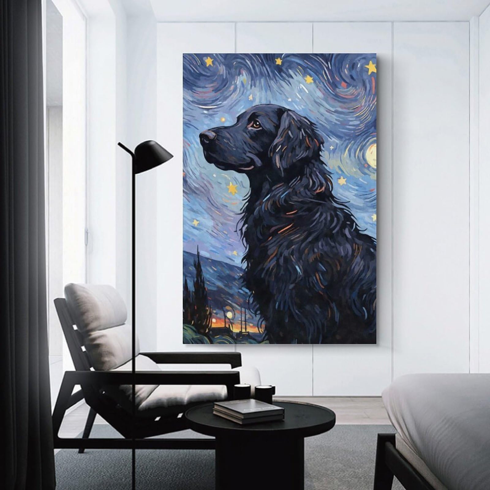 Junmoney Unframe-Style-16-1 Flatcoated Retriever Night Decorative Wall Artwork, 24X36inch(60X90cm), For Home Lounge, Bedroom Or Reading Nook, Eye Catching Artwork For Blank Walls