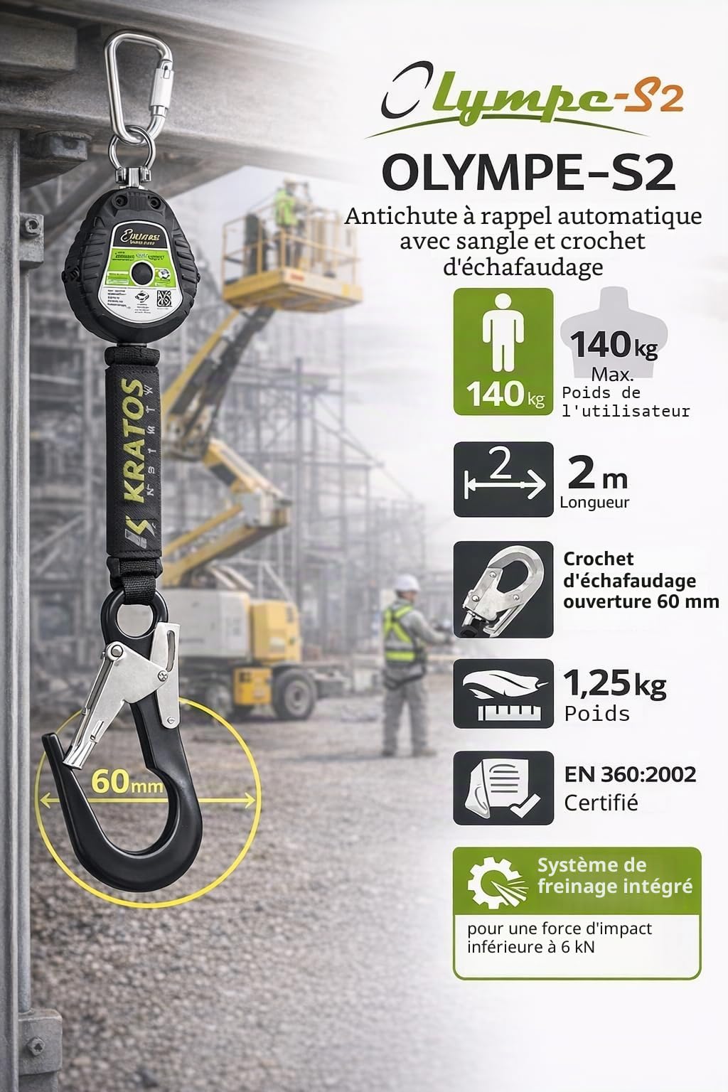 KRATOS SAFETY - Olympe-S2, Antichute à Rappel Automatique avec Sangle LG. 2m - 119-FA2050302