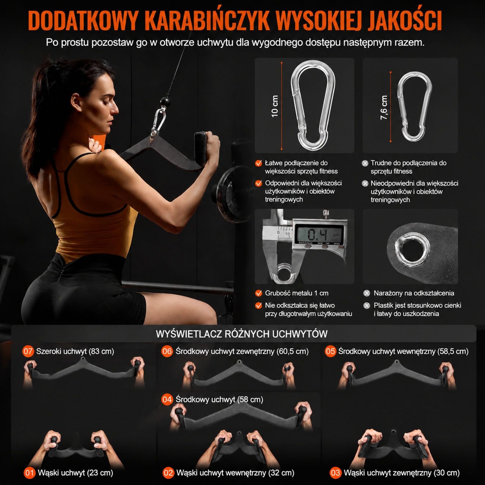 Zestaw akcesoriów wyciągu górnego, 7 elementów, czarna stal lita, uchwyt T oraz V dla maszyny linowej w siłowni domowej