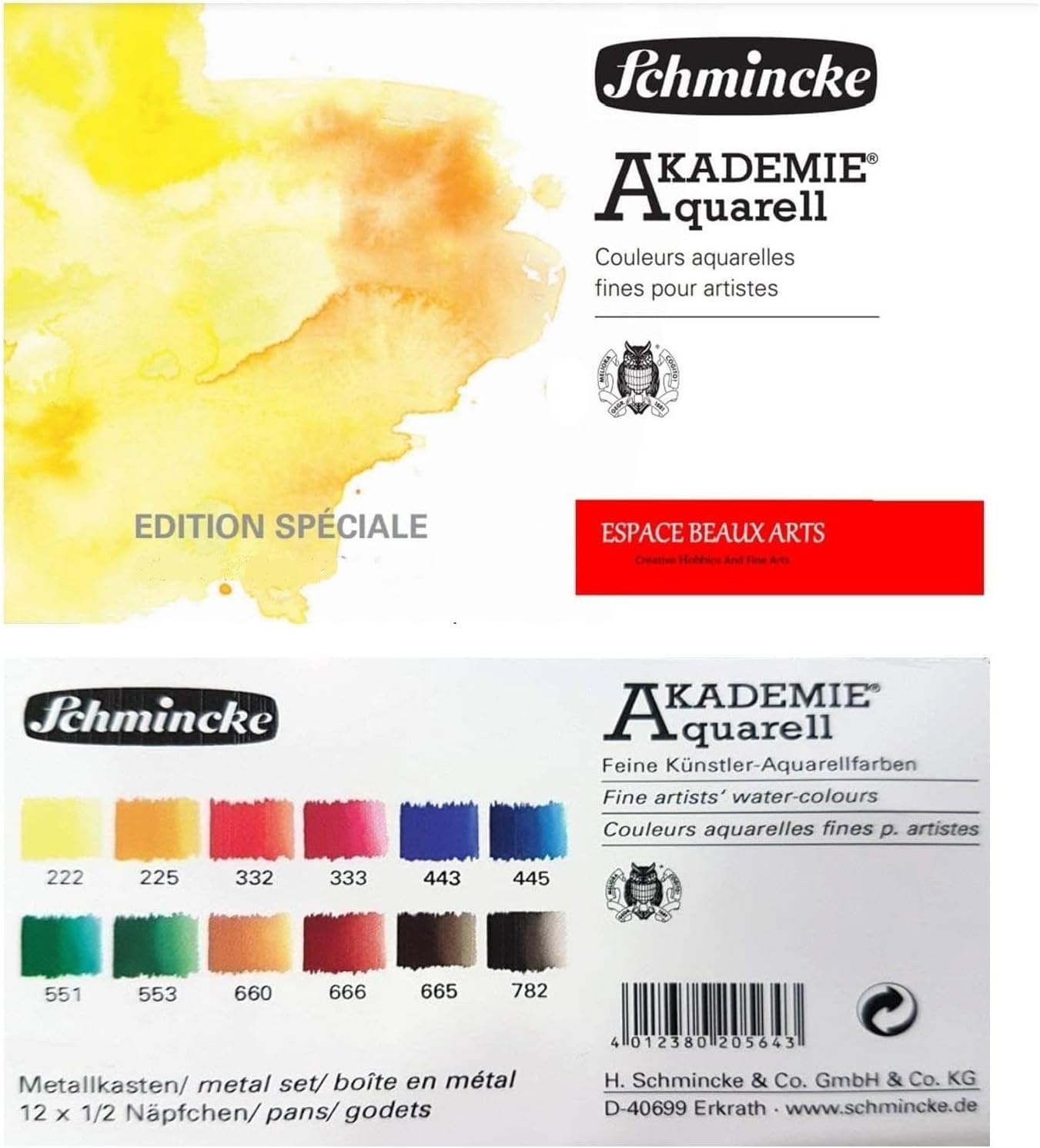 Schmincke Aquarellfarbe, Akademie Aquarell Malkasten, Metallkasten, 12 x 1/2 Näpfchen mit daVinci Synthetics Pinsel Reise