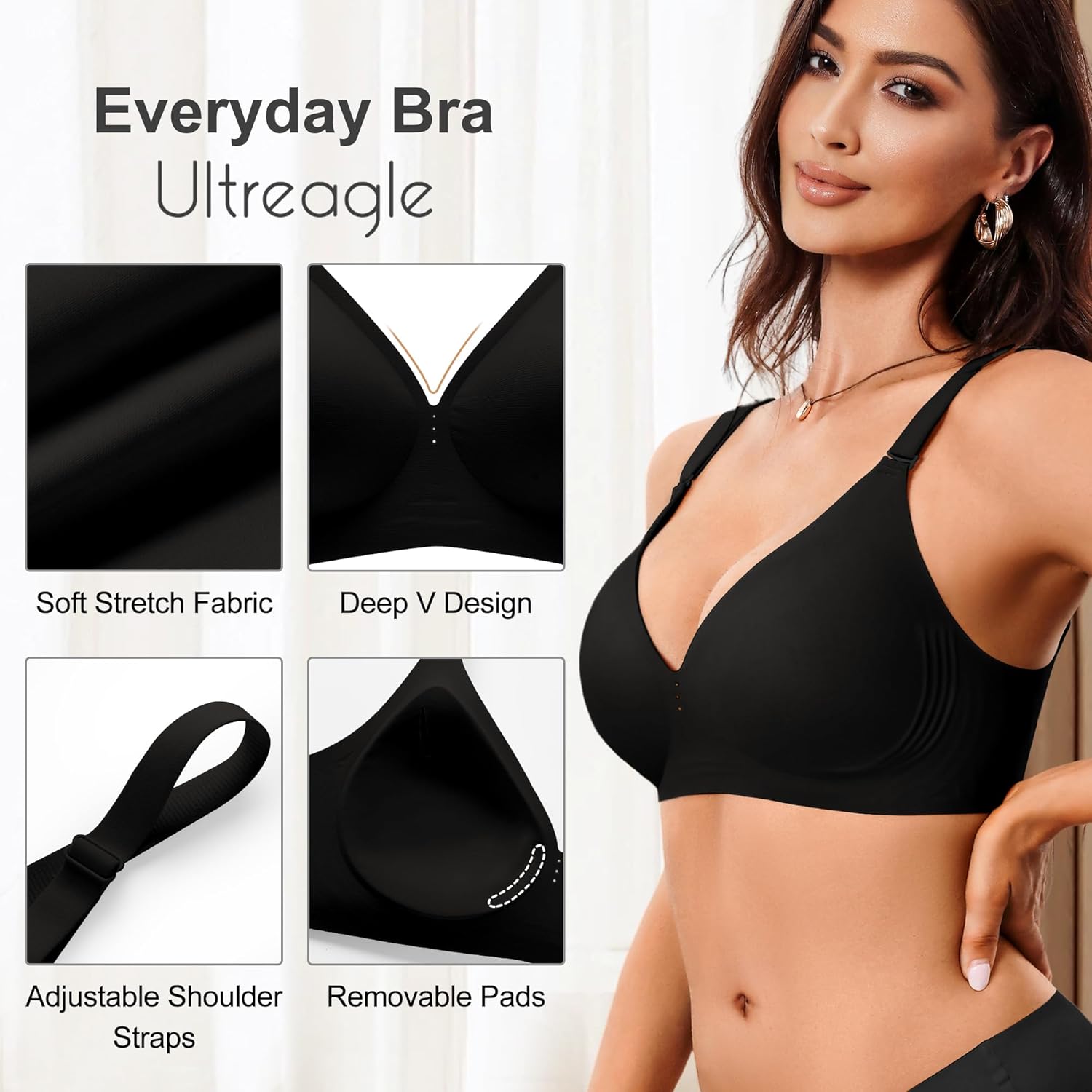 Wireless Seamless Bras for Women Push up - Womens Padded Deep V Bra No Underwire & Low Back - Black Top Bralette Full Support - Image 3