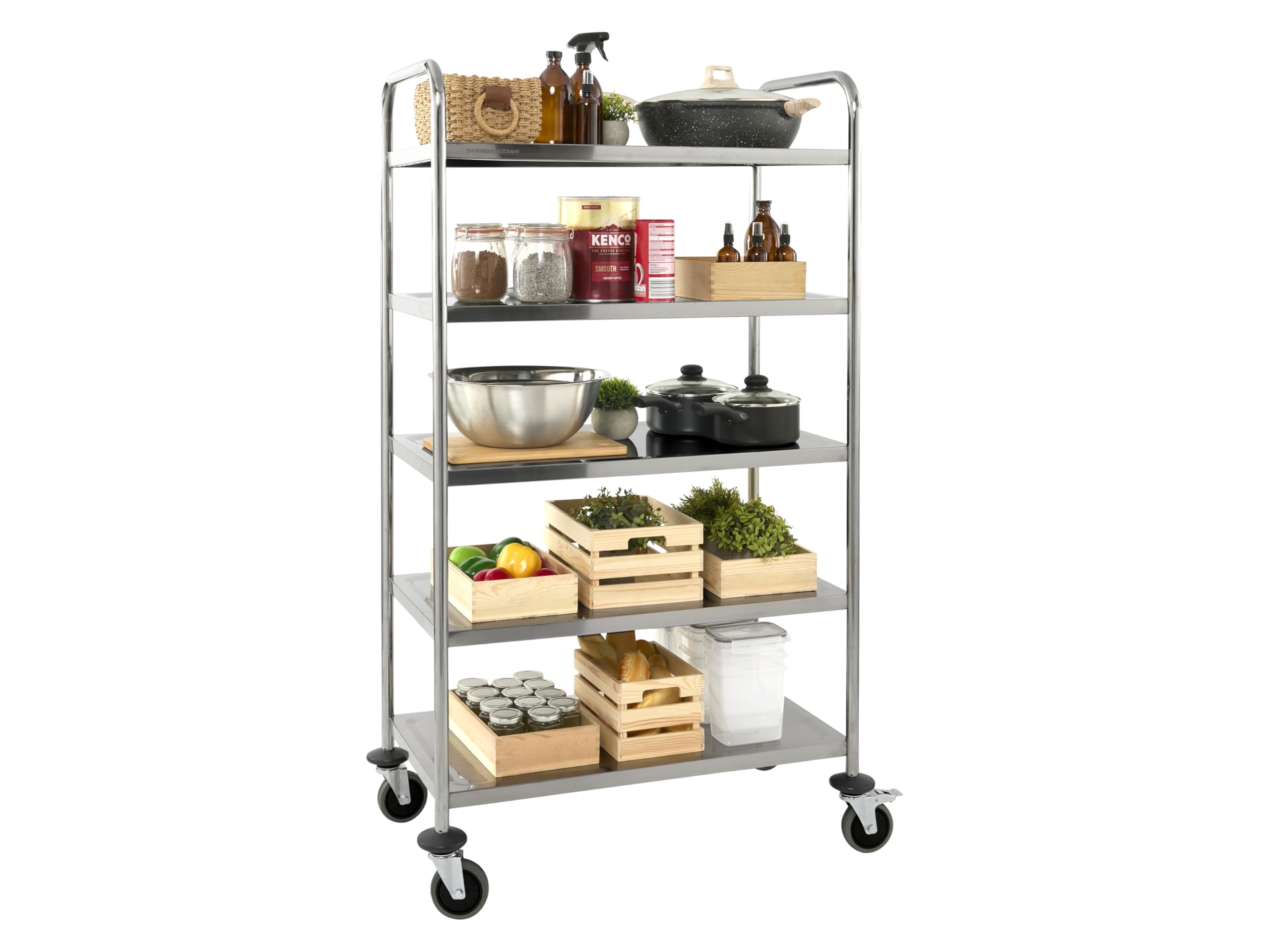 The Workplace Depot Silver Stainless Steel Shelf Trolley – 5-Tier Catering Trolley With Braked & Swivel Castors, 225Kg Load Capacity – Ideal For Professional Kitchens, Catering & Warehousing