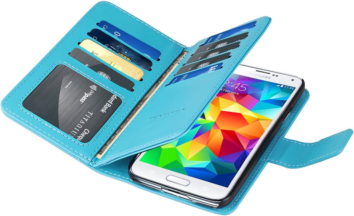 Galaxy S5 Case, Galaxy S5 Wallet Case, BENTOBEN Flip Folio Wallet Case Faux Leather Credit Card Slots Cash Holder Cover Wristlet Protective Case for Samsung Galaxy S5(G900), Light Blue