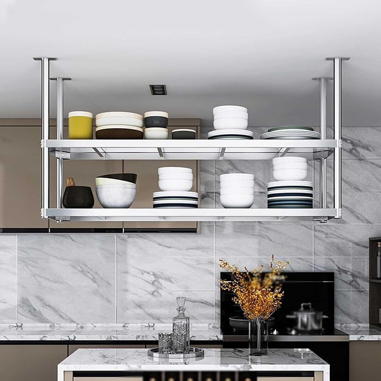 Ceiling Mounted Storage Shelves, Heavy Duty Stainless Steel Kitchen Shelving Unit, 2 Layer Pantry Pot Pan Organizer Rack, Metal Floating Shelf for Restaurant(60x35x80cm)