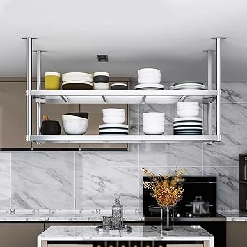 Ceiling Mounted Storage Shelves, Heavy Duty Stainless Steel Kitchen Shelving Unit, 2 Layer Pantry Pot Pan Organizer Rack, Metal Floating Shelf for Restaurant100x35x80cm