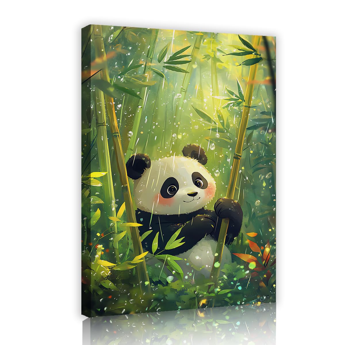 Via Vela Cute Panda Bamboo Framed Canvas Artwork Nursery Watercolor Rainy Forest Painting Whimsical Pictures Sweet Wall Posters for Kids Room Decor 50x75cm