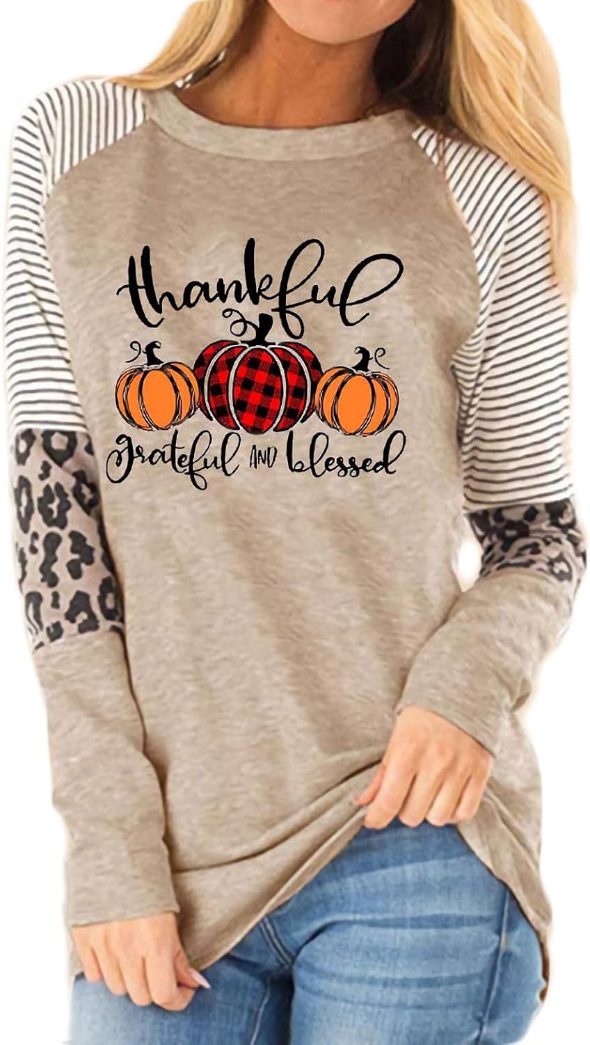 Thankful Grateful Blessed Shirts Women Plaid Pumpkin Thanksgiving T-Shirt Leopard Stripe Color Block Fall Tshirts