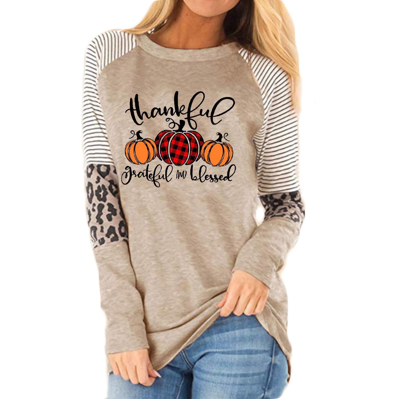 EXMIUNThankful Grateful Blessed Shirts Women Plaid Pumpkin Thanksgiving T-Shirt Leopard Stripe Color Block Fall Tshirts