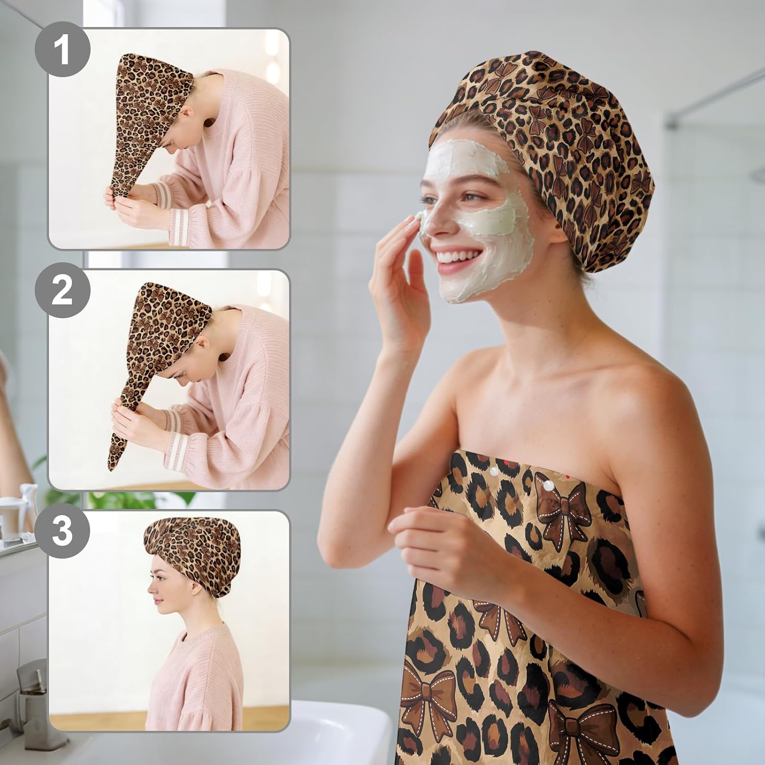 Absorbent Bath Towel Wrap Set (32 X 60 in), Leopard Bow Towel Wrap | Microfiber Soft Shower Robe Body Towel Wraps After Shower, Quick Dry Hair Towels Wraps for Women Girl Teen Spa Hotel Beach