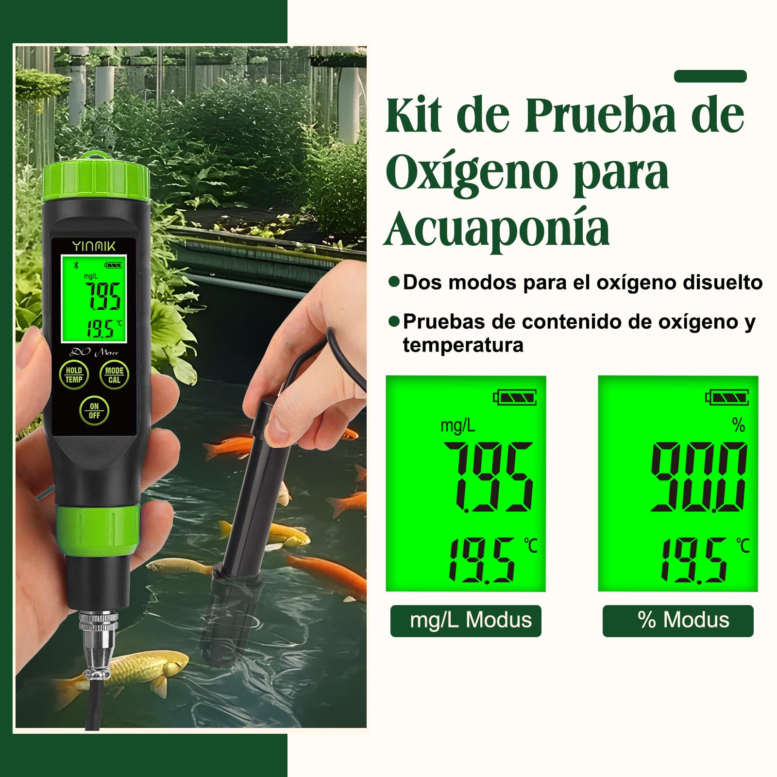 YINMIK Medidor inteligente de oxígeno disuelto | Medidor portátil de oxígeno disuelto para estanques, probador digital de oxígeno disuelto: acuarios, hidroponía, mosto de cerveza, lagos y acuicultura