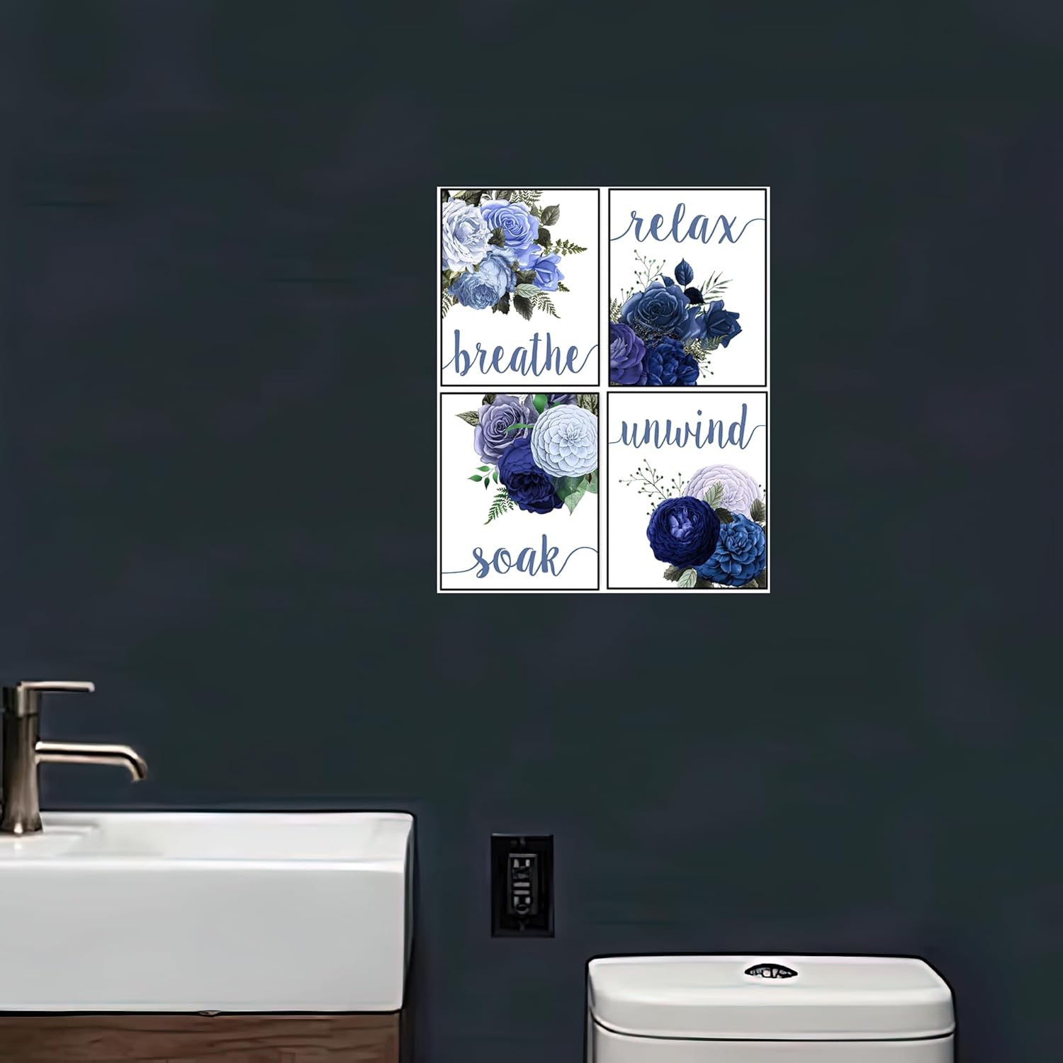 LEYIARTT Navy Blue Relax, Soak & Unwind Floral Poster - Canvas Print Posters Wall Art Picture for Bathroom Home Decor