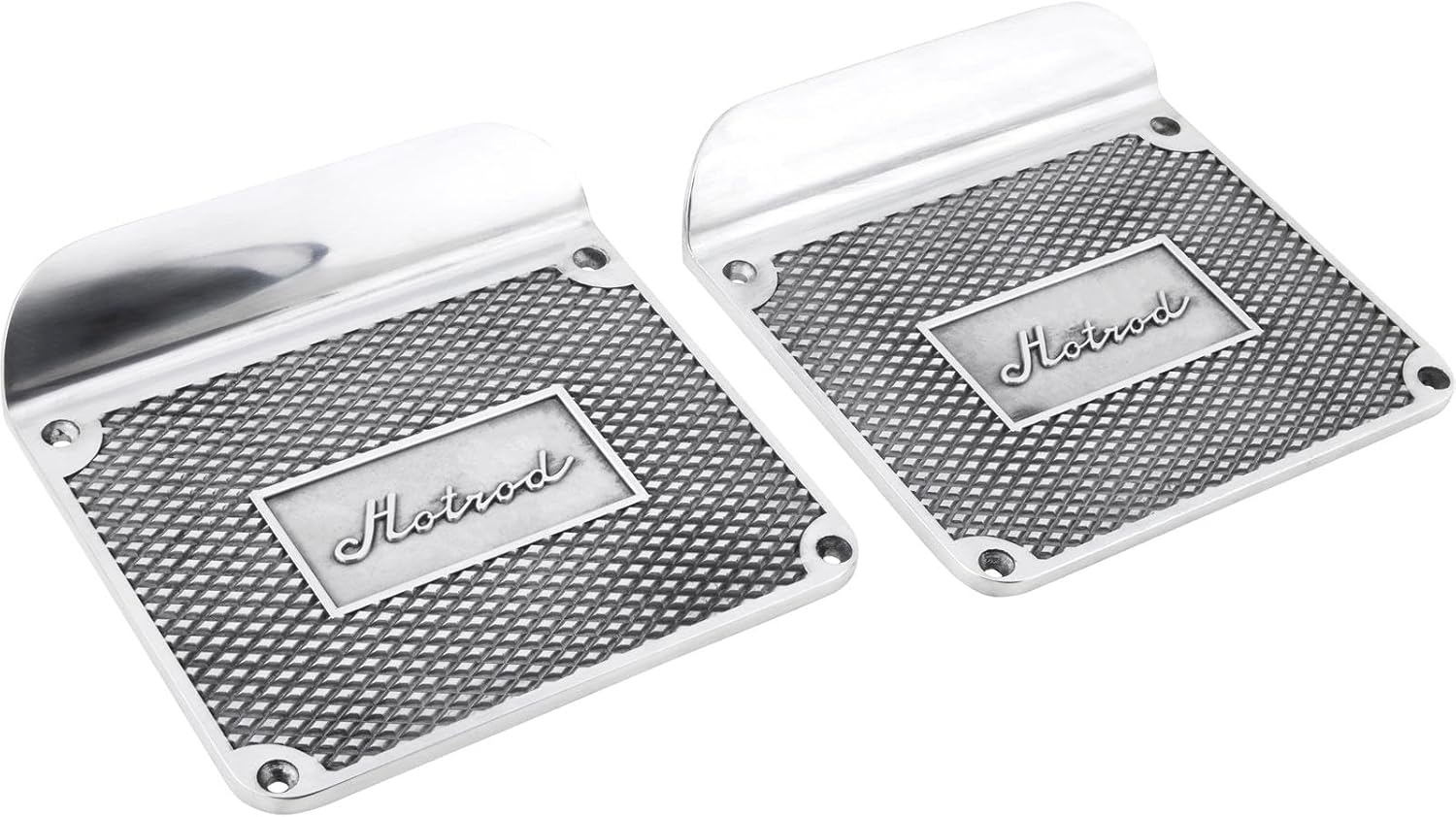 Speedway Motors Polished Aluminum Hot Rod Step Plates, Diamond Pattern Universal Fit Foot Step Pair with 8.5 x 8 Inch Plates and Raised Script Design for Custom Builds