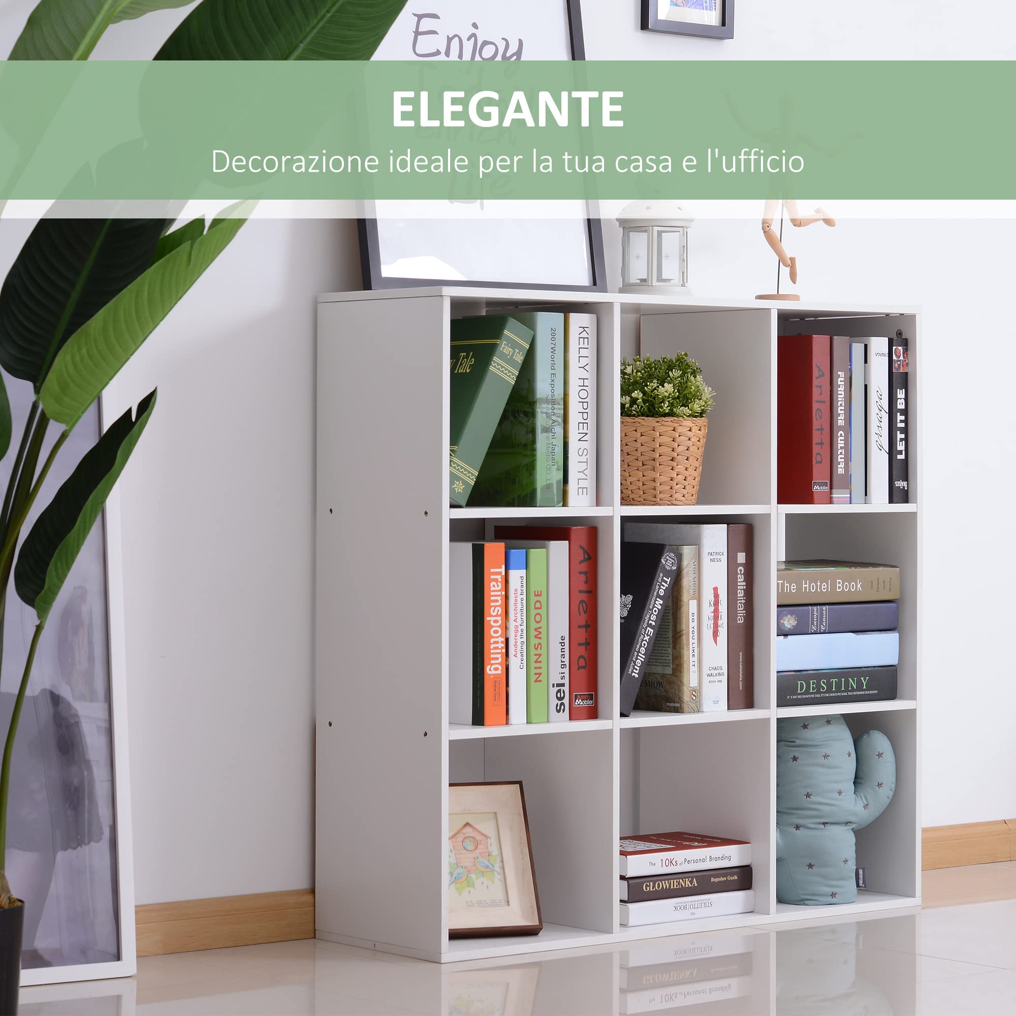 HOMCOM Libreria Bianca per Casa e Ufficio con 9 Scomparti 91x29.5x91cm | Scaffale dal Design Moderno, in Legno