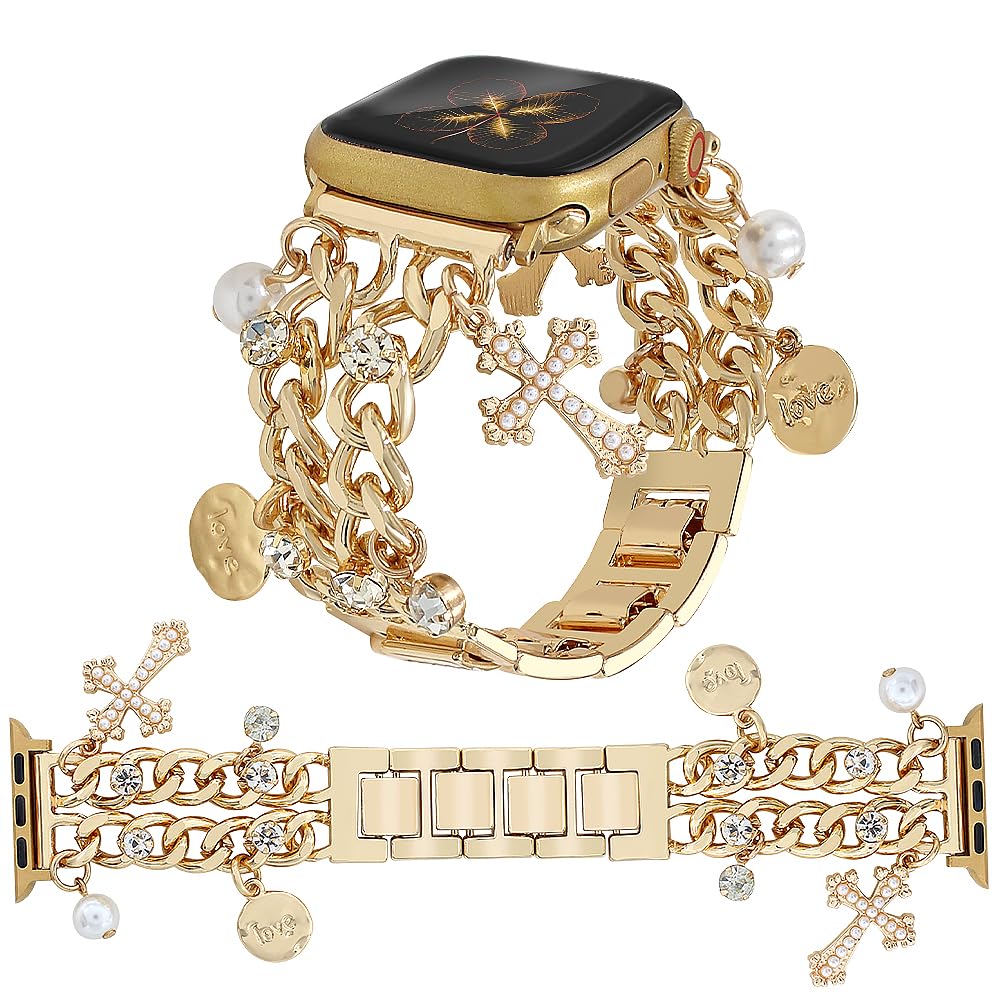 YONWORTH Cuban Chain Band Compatible with Apple Watch Bands 38/40/41/42/44/45 46 49mm Women,Bling Diamond Chain Dressy Metal Wristband Cute Charms