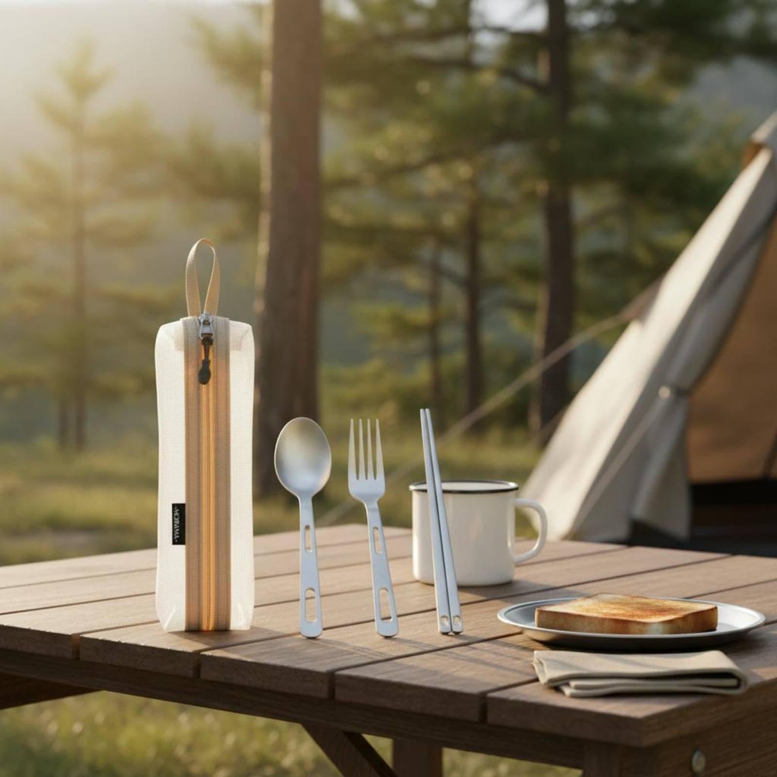 4 Teiliges Outdoor Besteckset: Löffel Und Gabel Aus Edelstahl, Praktisch mit Etui, Ideal für Camping, 4 Stück