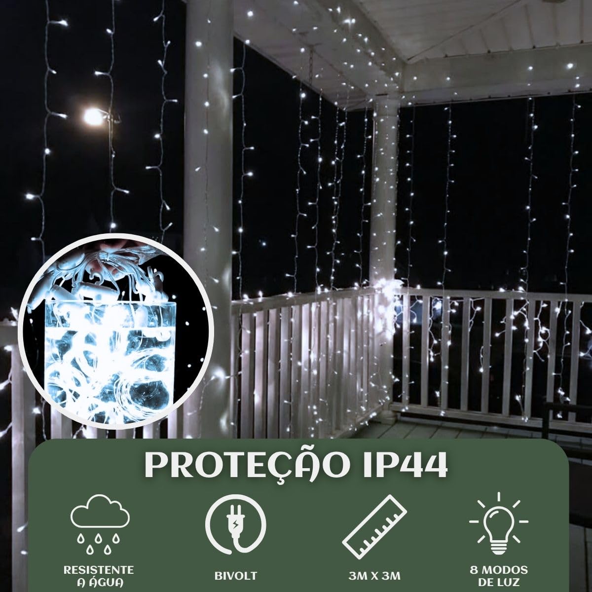 Cortina 300 Led 3x3m USB Colorido Branco Frio 8 Modos USB Temporizador LuvinCo Imagem 2