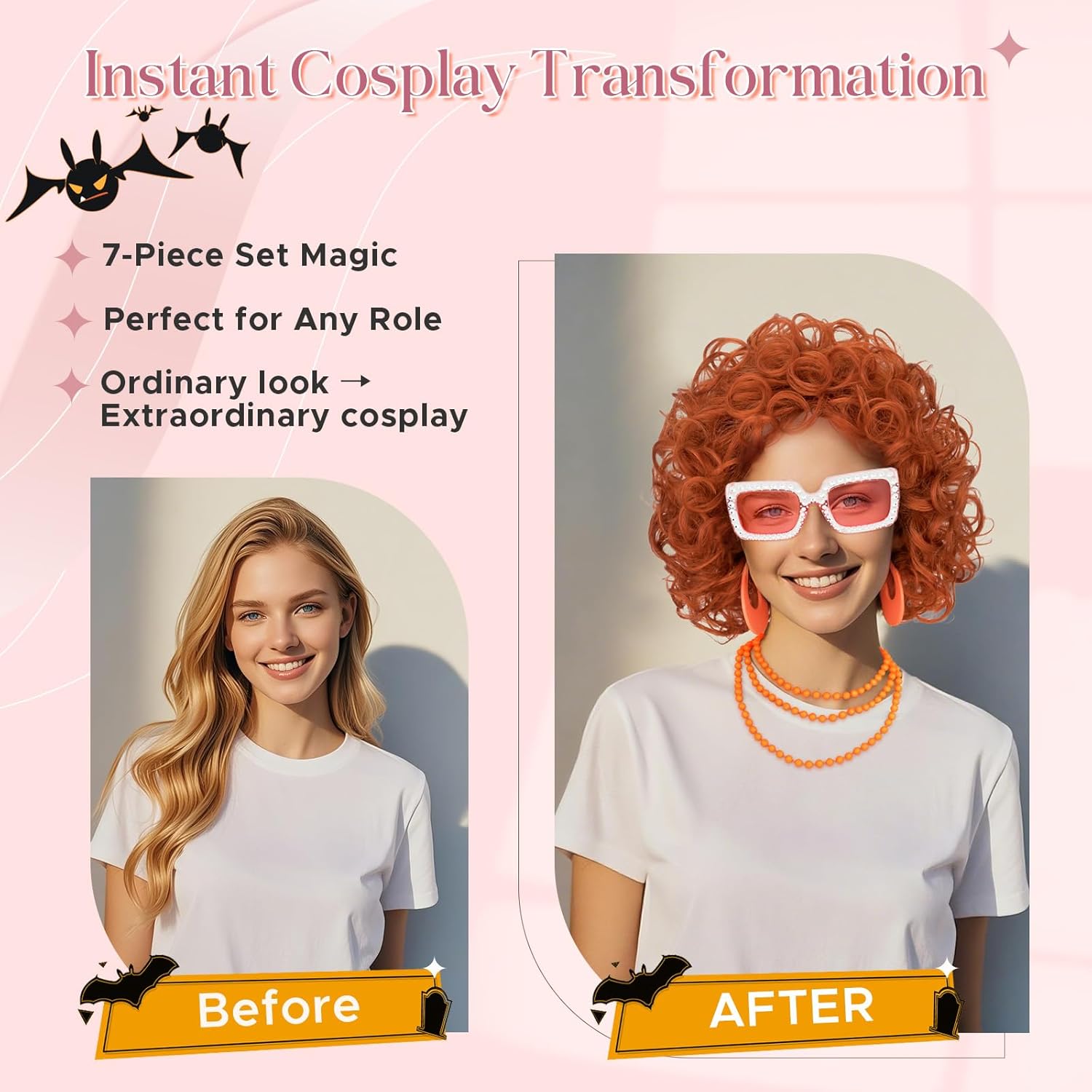 Mrs Roper Wig for Women Short Curly Red Orange Wigs with Sunglasses and Jewelry Costume Cosplay Wigs for Halloween Party Synthetic Hair #Yellow (7 PCS) - Image 5