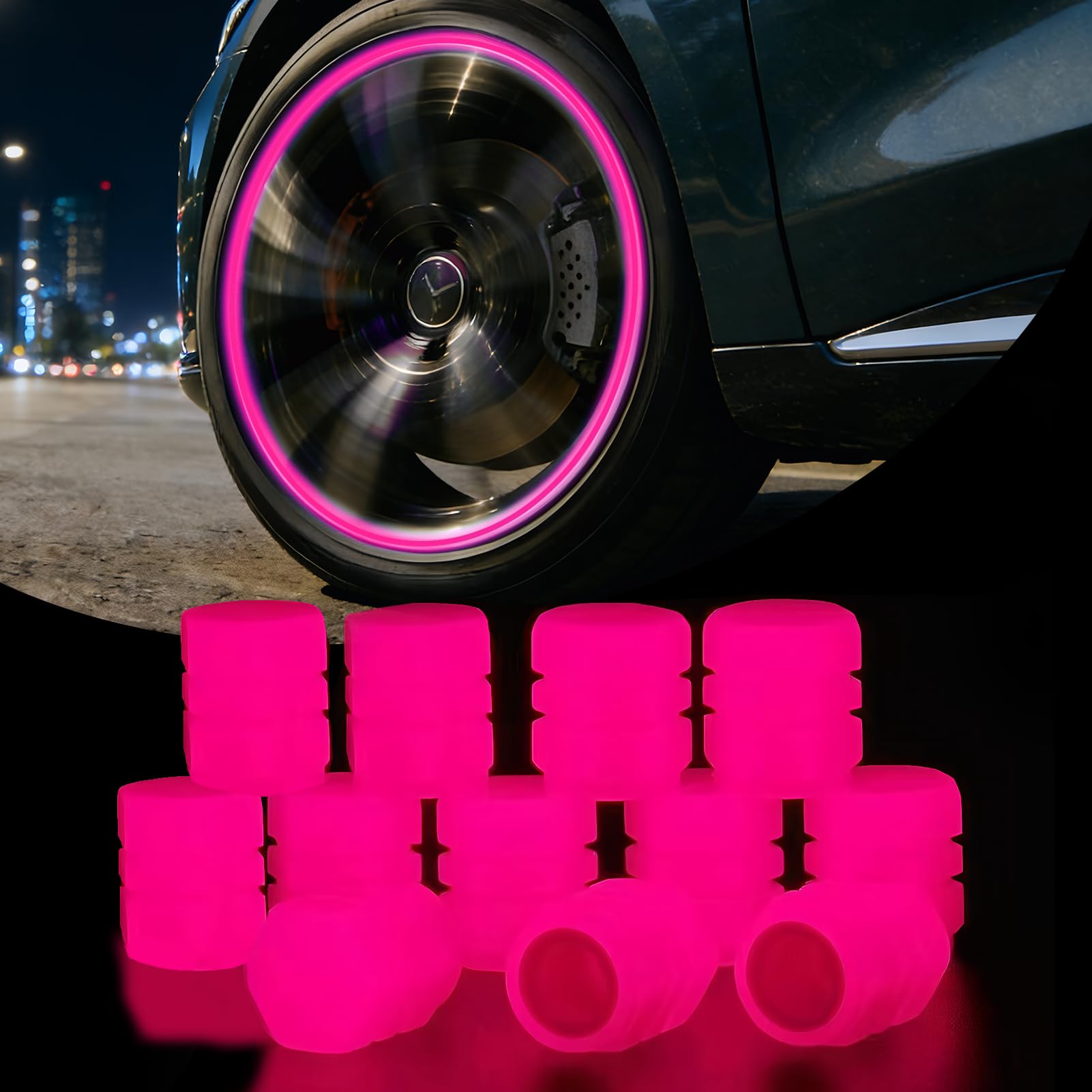 12 Piezas Tapas de Válvulas Luminosas para Coche, Tapones Rueda Coche Fluorescente, Tapones Fluorescentes para Neumáticos, Tapas Luminosas Accesorio Universal para Aire Coche Bicicleta Moto (Rosa)