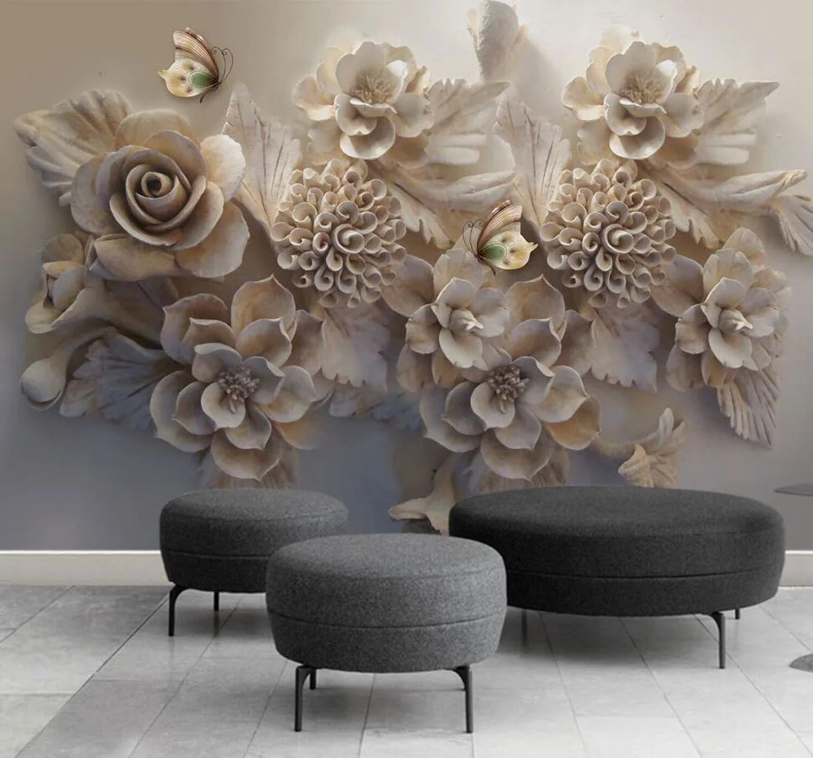 Wallpaper-3D-Xlm 350Cm×256Cm(B×H) Vintage Carved Floral Butterflies Art 3D Wallpaper Easy Install Feature Office Living Room Sofa Bedroom Tv Background Wall Decoration-350Cm×256Cm