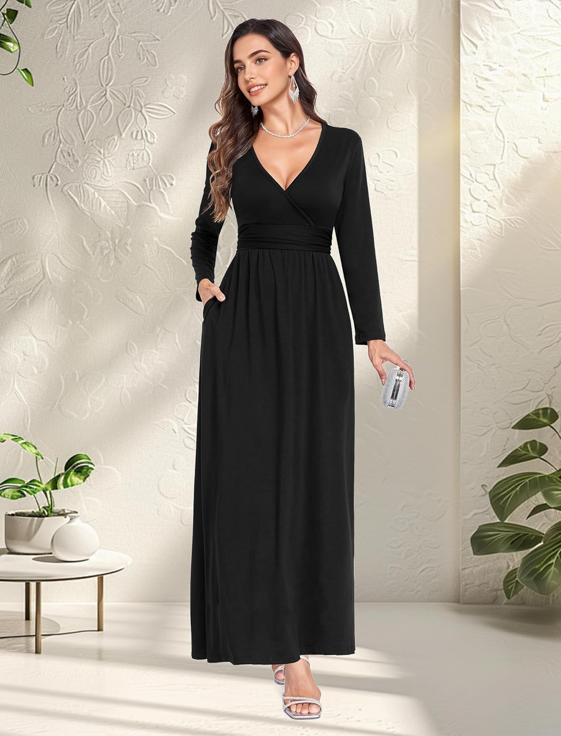 Lacavocor Women's Long Sleeve Deep V Neck Maxi Dress Casual Wrap Waist Long Dress with Pockets - Image 5